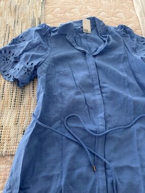 H&M Blue Eyelet-Sleeve Midi Dress with Tie Waist